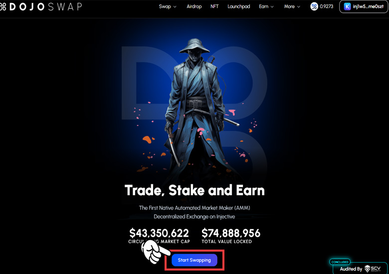 DojoSwapトップ画面の青いボタン「Start Swapping」をクリック