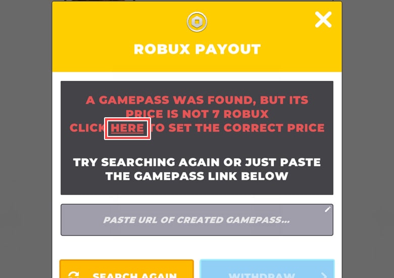 ClickHereをタップしてロブロックスへ移動。 ゲームパスを作成しましょう。
