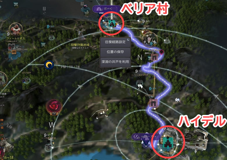 クエスト受注後、べリア村南にあるハイデルへ移動